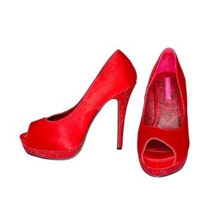 Red Satin & Sequins Open Toe Heels